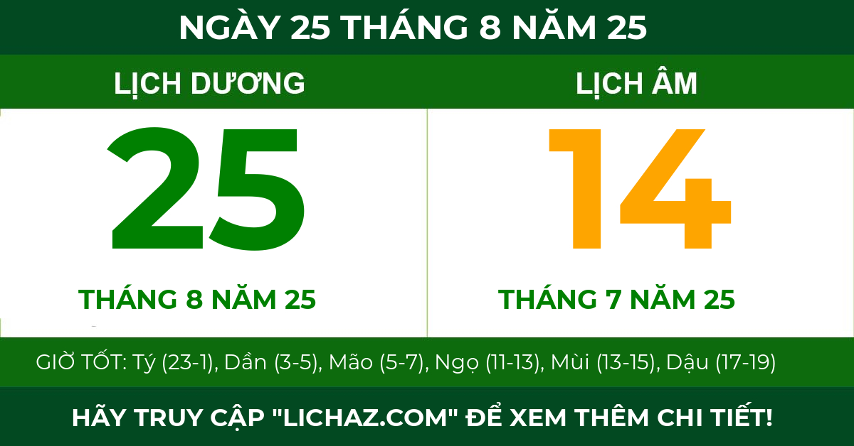 lịch âm ngày 25 tháng 8 năm 25