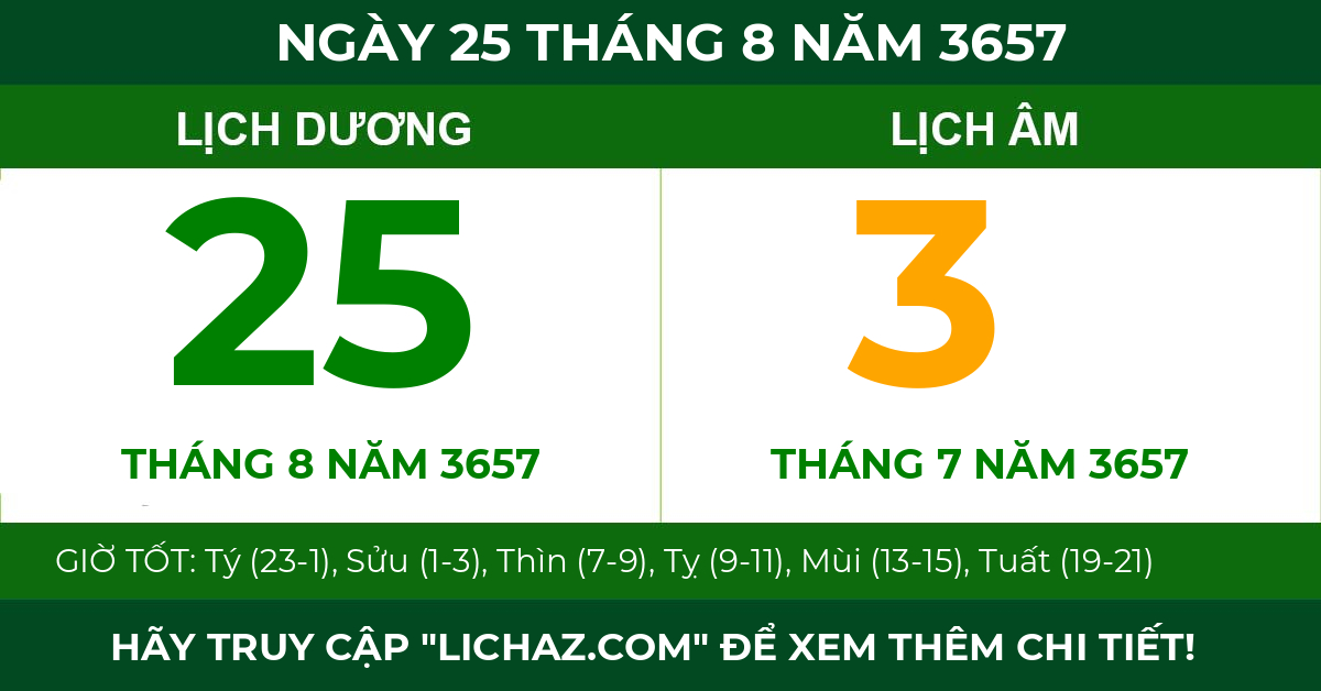 lịch âm ngày 25 tháng 8 năm 3657