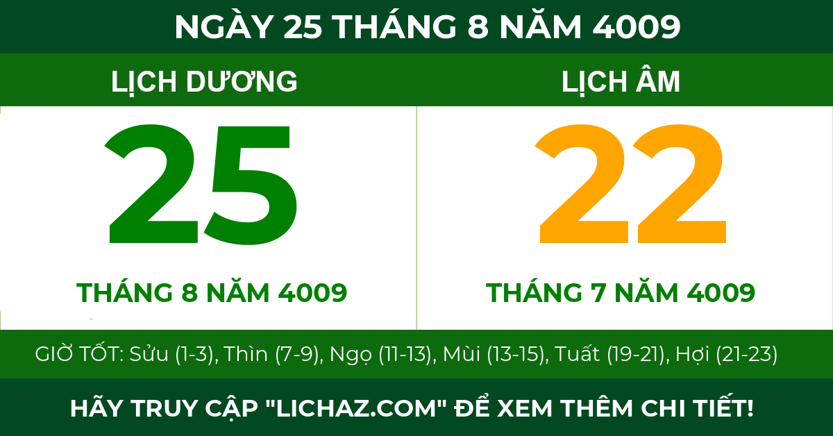 lịch âm ngày 25 tháng 8 năm 4009