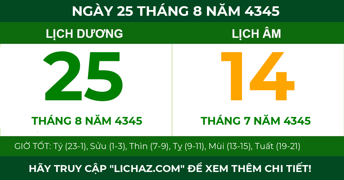 lịch âm ngày 25 tháng 8 năm 4345