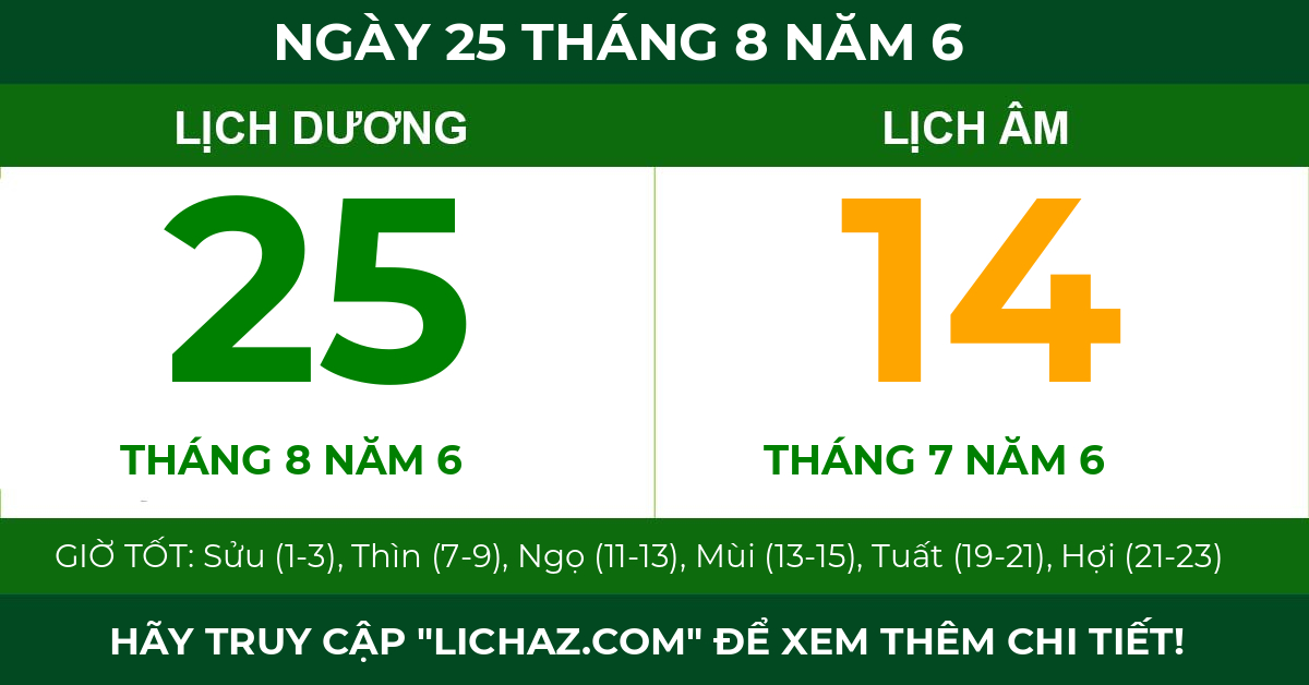 lịch âm ngày 25 tháng 8 năm 6