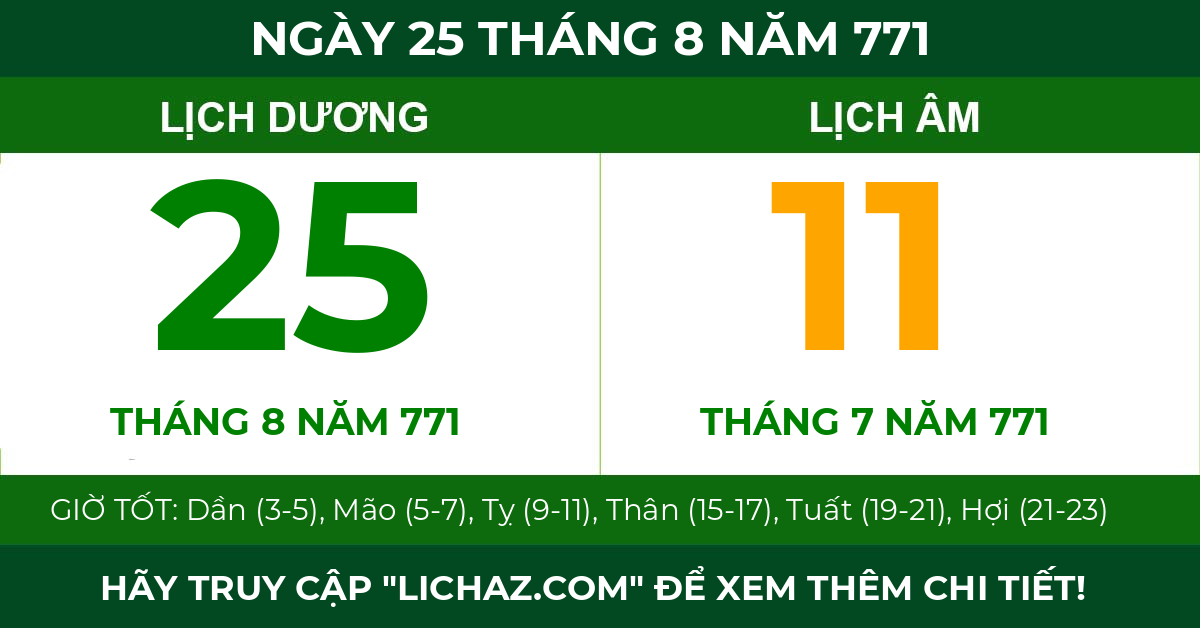 lịch âm ngày 25 tháng 8 năm 771