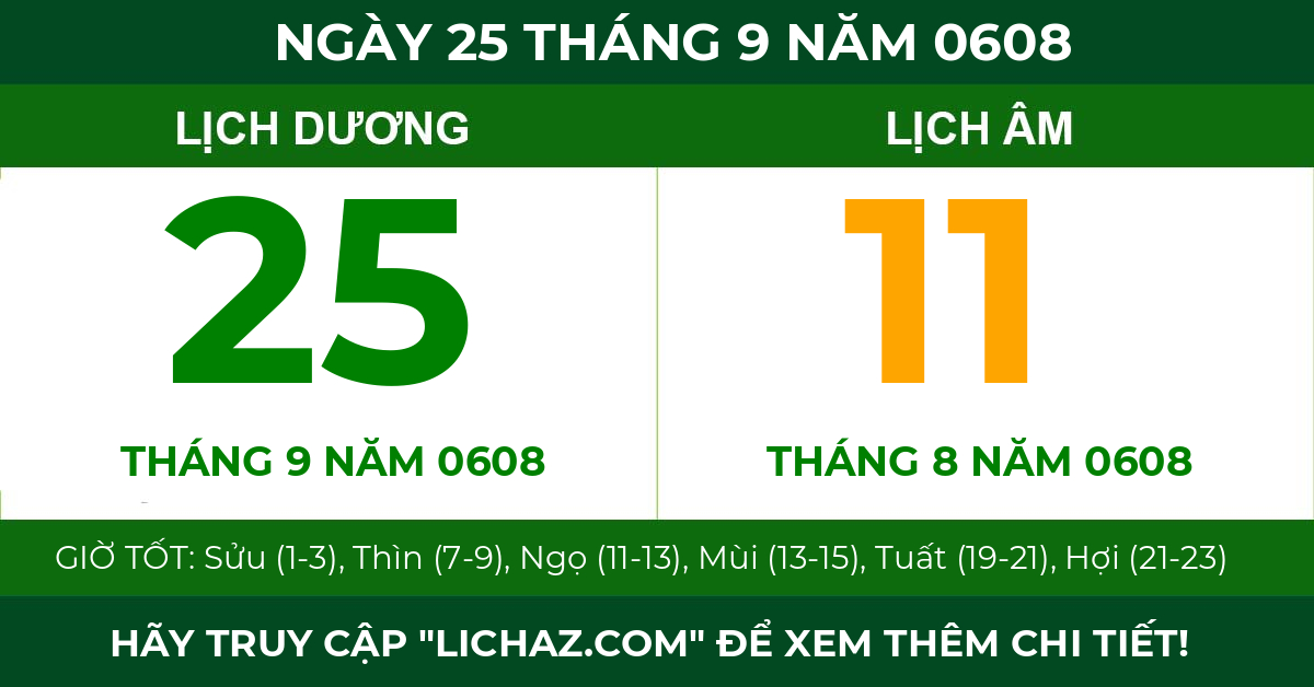 lịch âm ngày 25 tháng 9 năm 0608