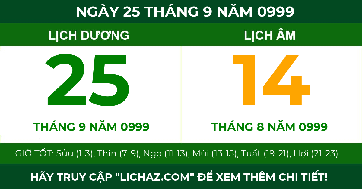 lịch âm ngày 25 tháng 9 năm 0999