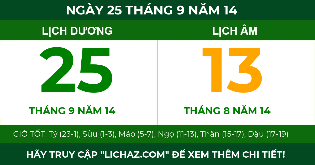 lịch âm ngày 25 tháng 9 năm 14