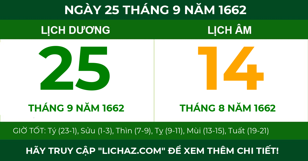 lịch âm ngày 25 tháng 9 năm 1662