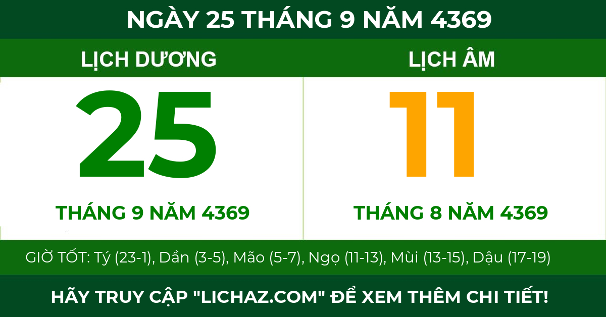 lịch âm ngày 25 tháng 9 năm 4369