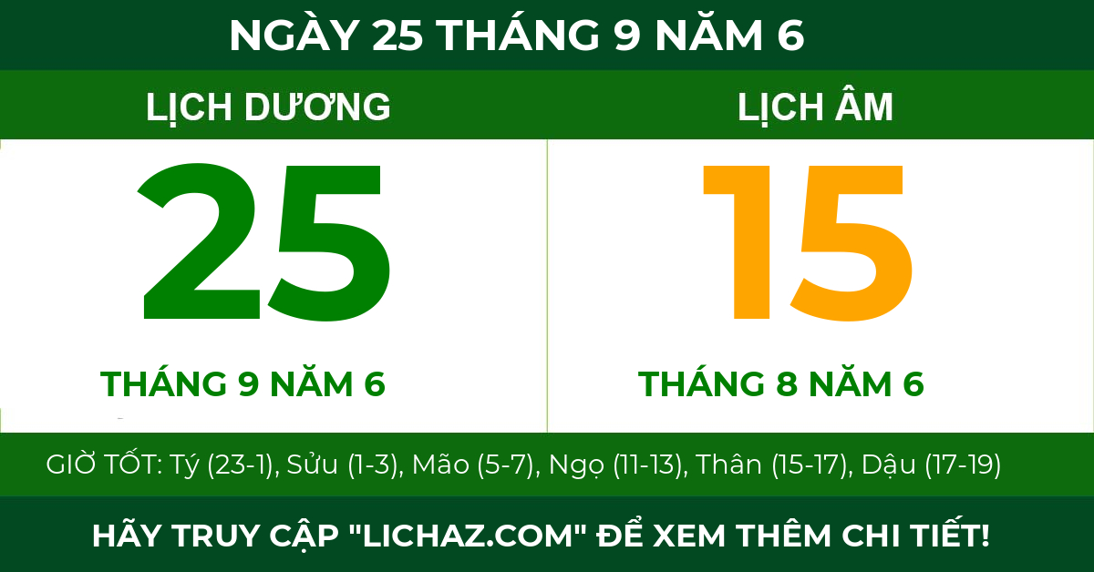 lịch âm ngày 25 tháng 9 năm 6