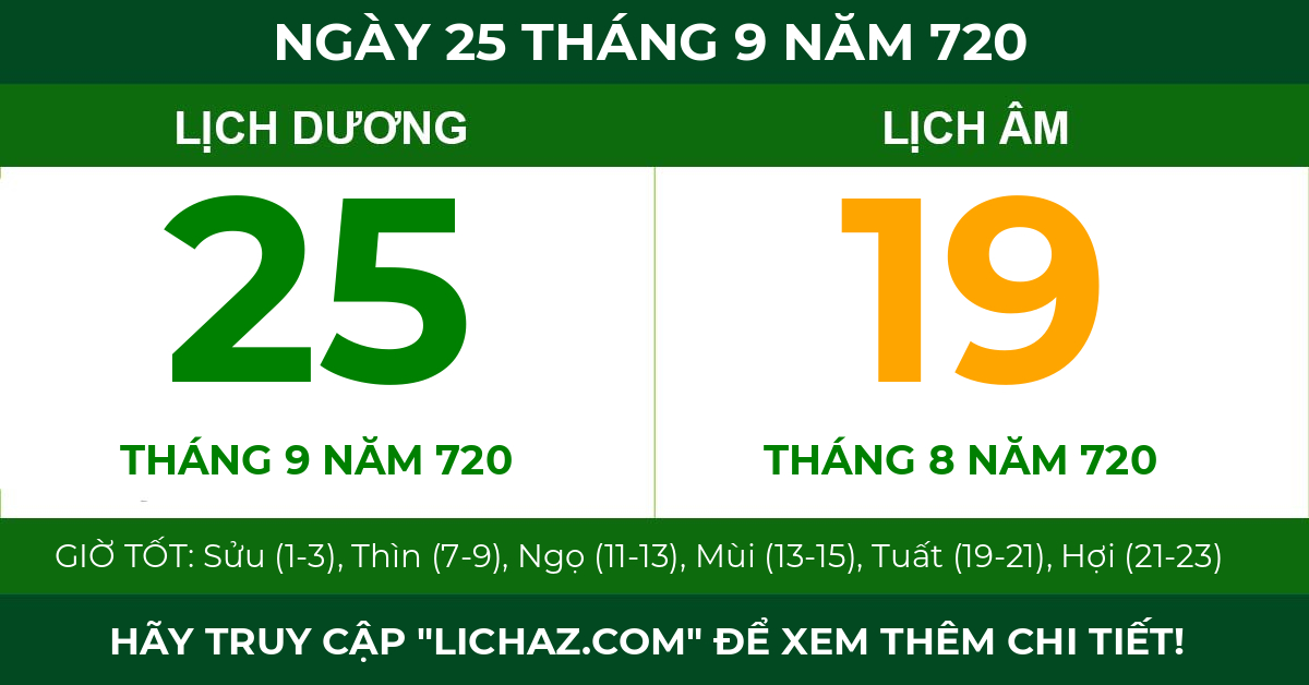 lịch âm ngày 25 tháng 9 năm 720