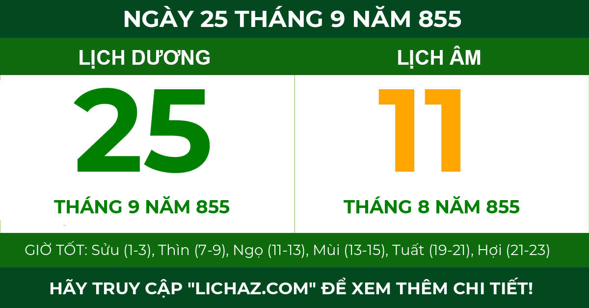 lịch âm ngày 25 tháng 9 năm 855