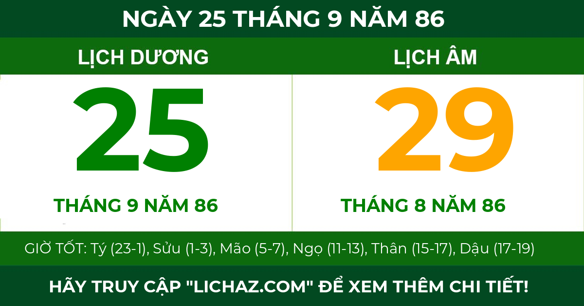 lịch âm ngày 25 tháng 9 năm 86