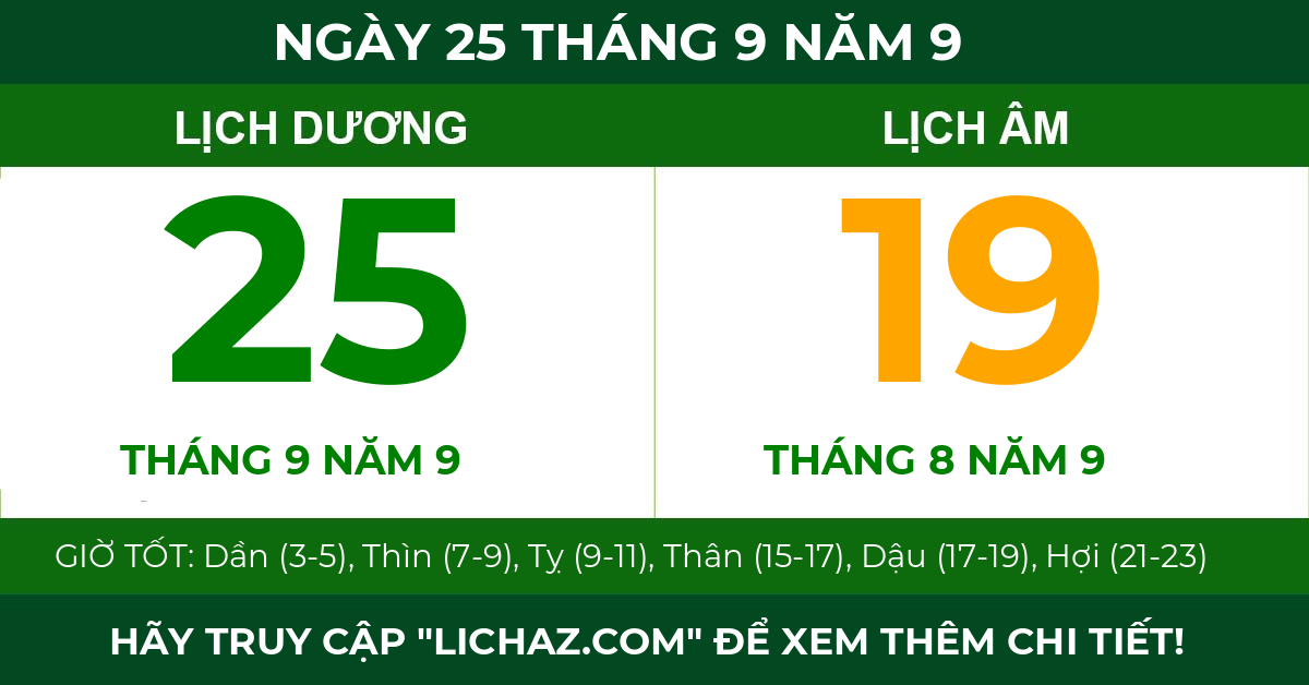 lịch âm ngày 25 tháng 9 năm 9