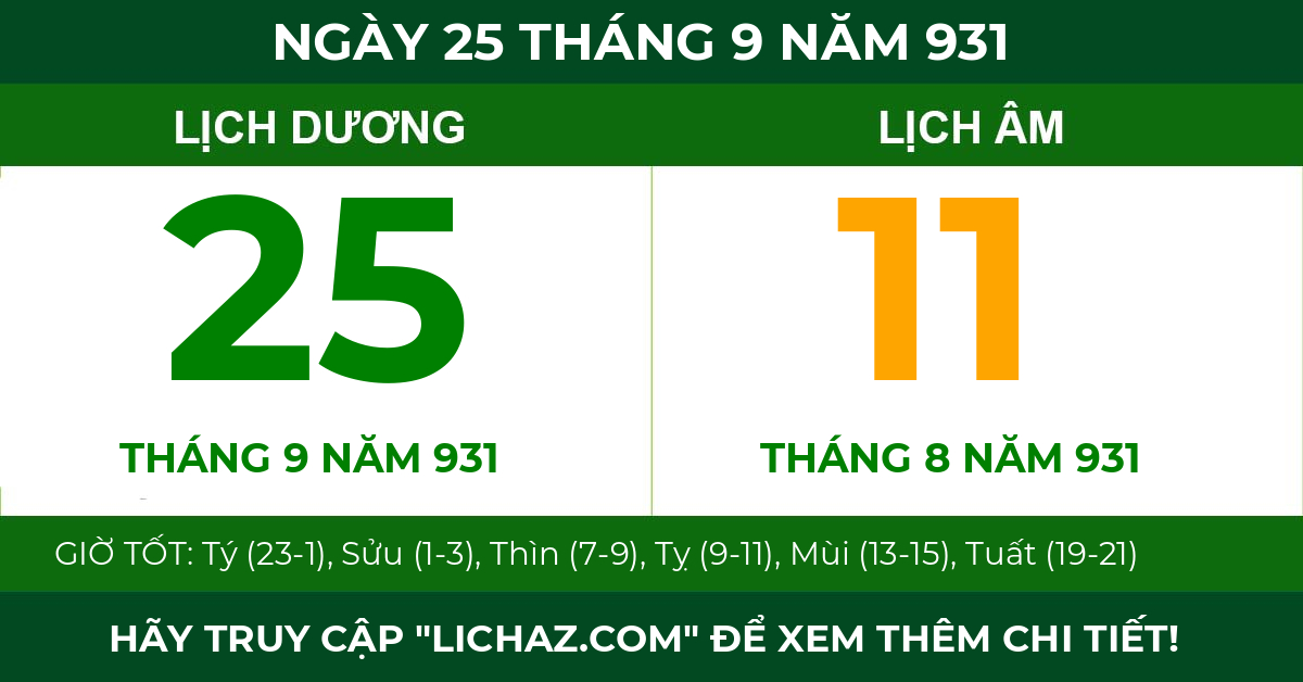 lịch âm ngày 25 tháng 9 năm 931
