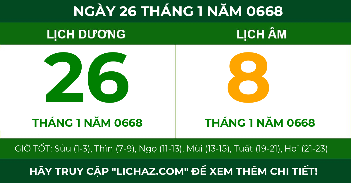 lịch âm ngày 26 tháng 1 năm 0668