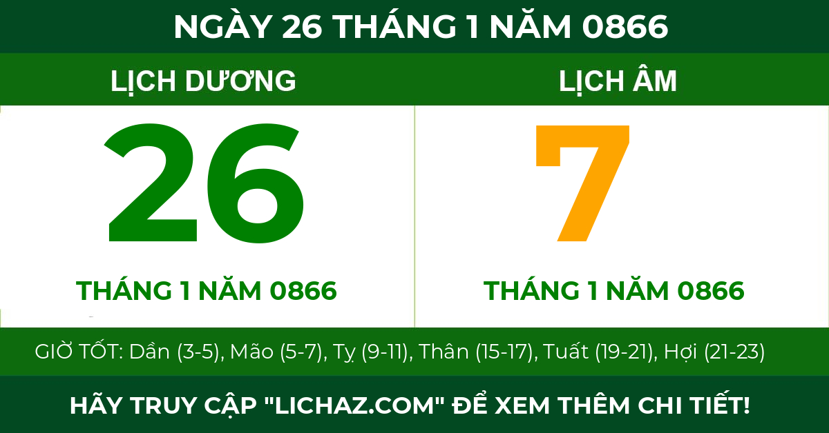 lịch âm ngày 26 tháng 1 năm 0866