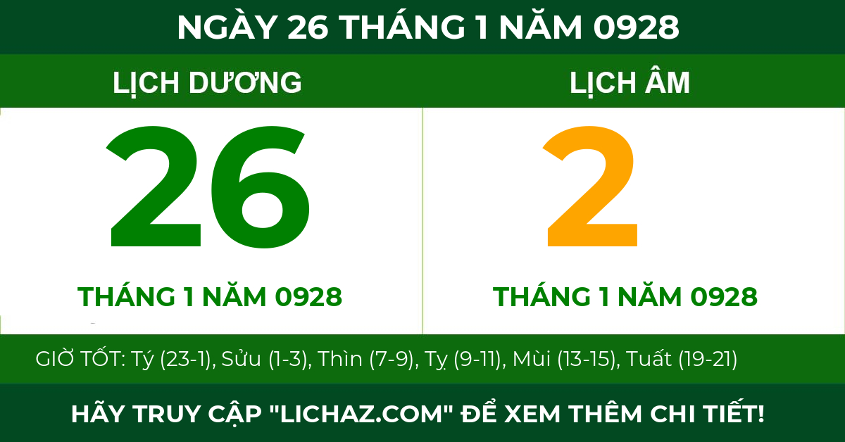 lịch âm ngày 26 tháng 1 năm 0928