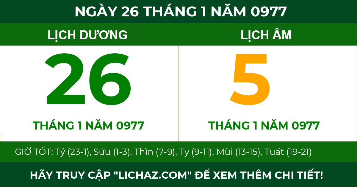 lịch âm ngày 26 tháng 1 năm 0977
