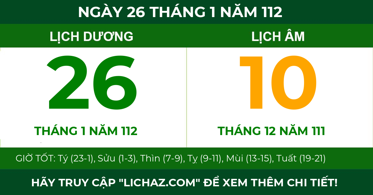 lịch âm ngày 26 tháng 1 năm 112