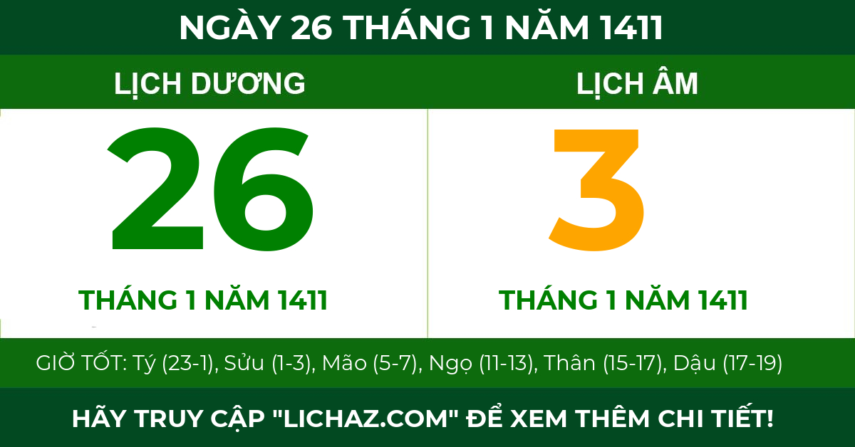 lịch âm ngày 26 tháng 1 năm 1411
