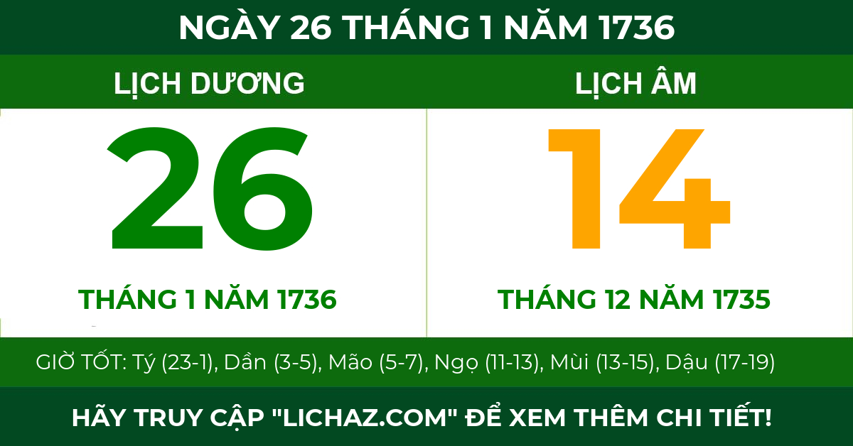 lịch âm ngày 26 tháng 1 năm 1736