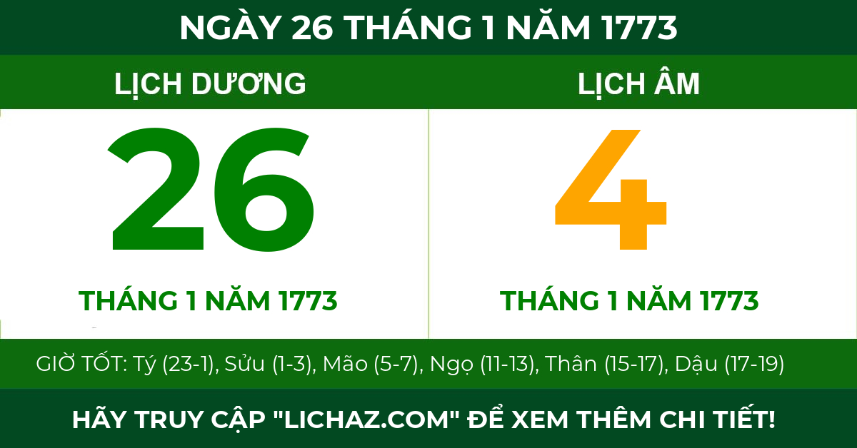 lịch âm ngày 26 tháng 1 năm 1773