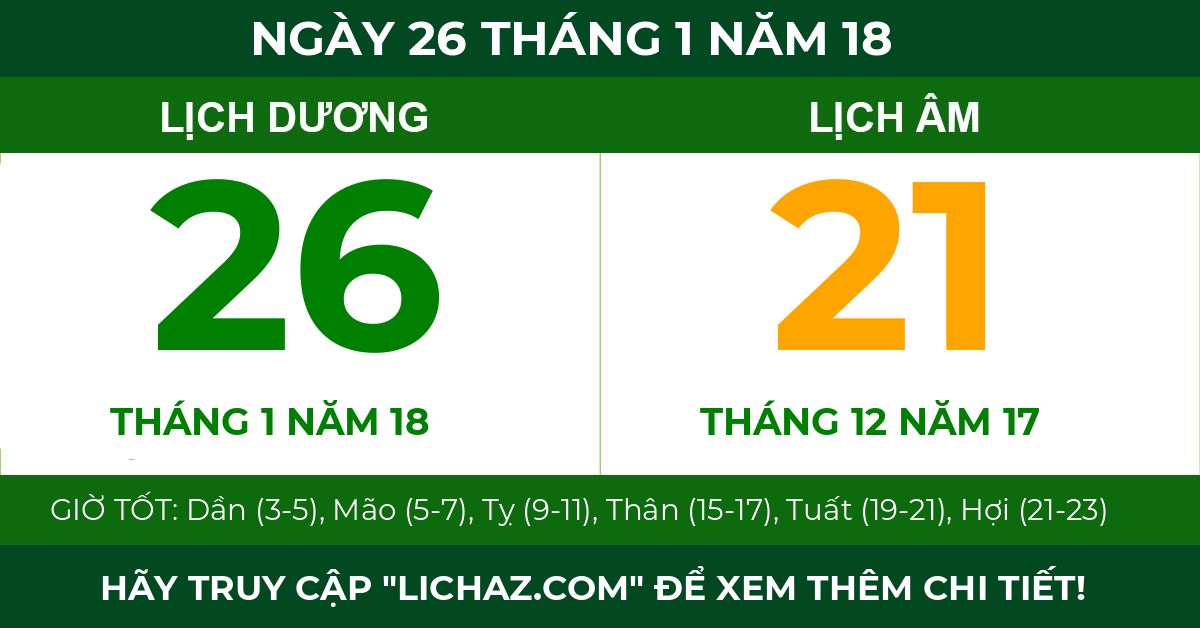 lịch âm ngày 26 tháng 1 năm 18