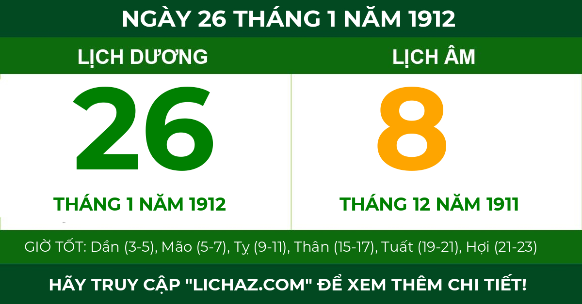 lịch âm ngày 26 tháng 1 năm 1912