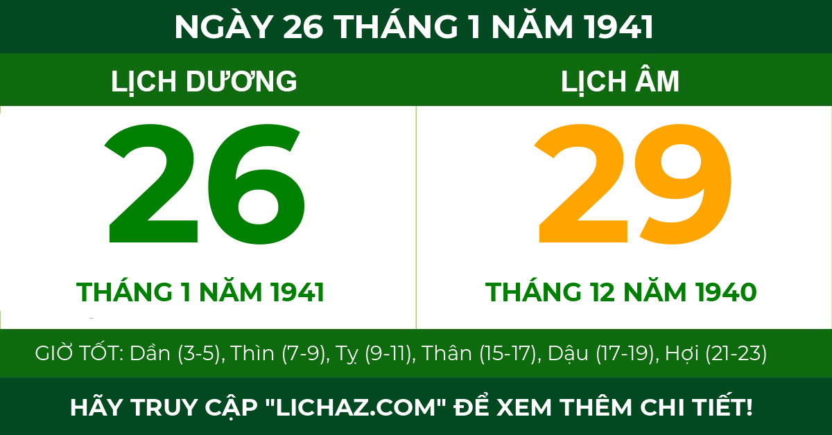 lịch âm ngày 26 tháng 1 năm 1941