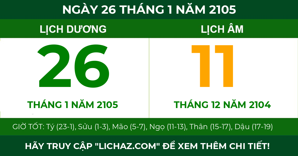 lịch âm ngày 26 tháng 1 năm 2105
