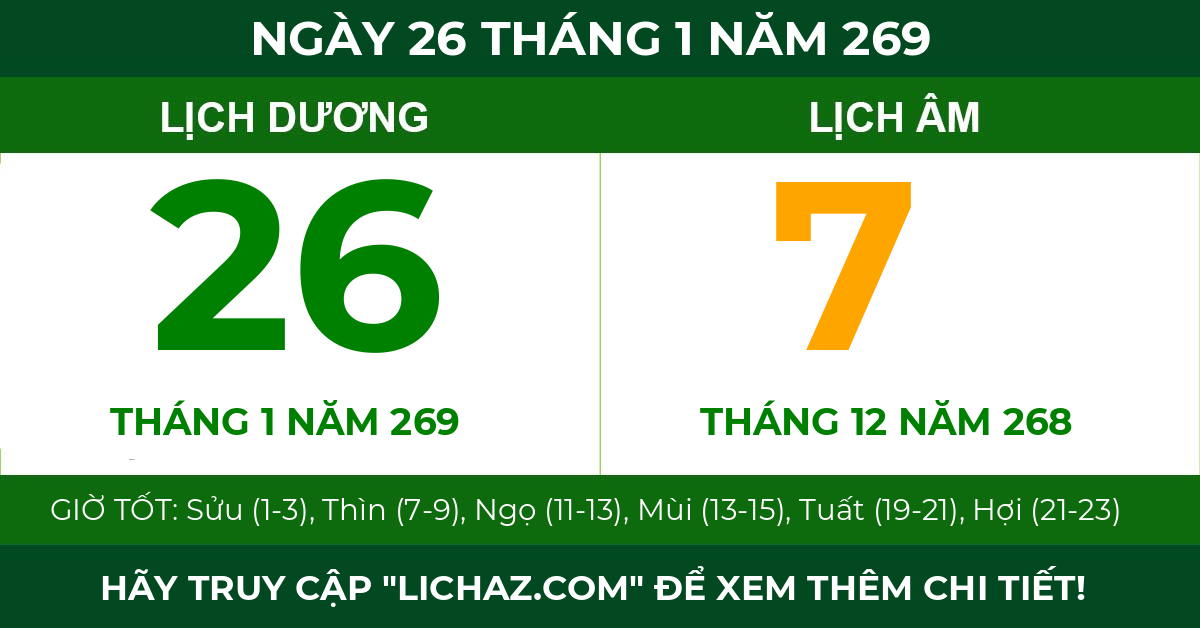 lịch âm ngày 26 tháng 1 năm 269