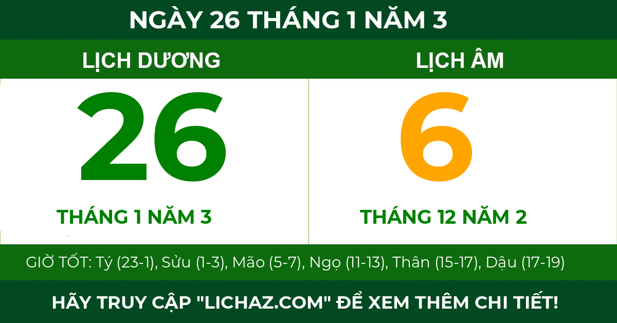 lịch âm ngày 26 tháng 1 năm 3