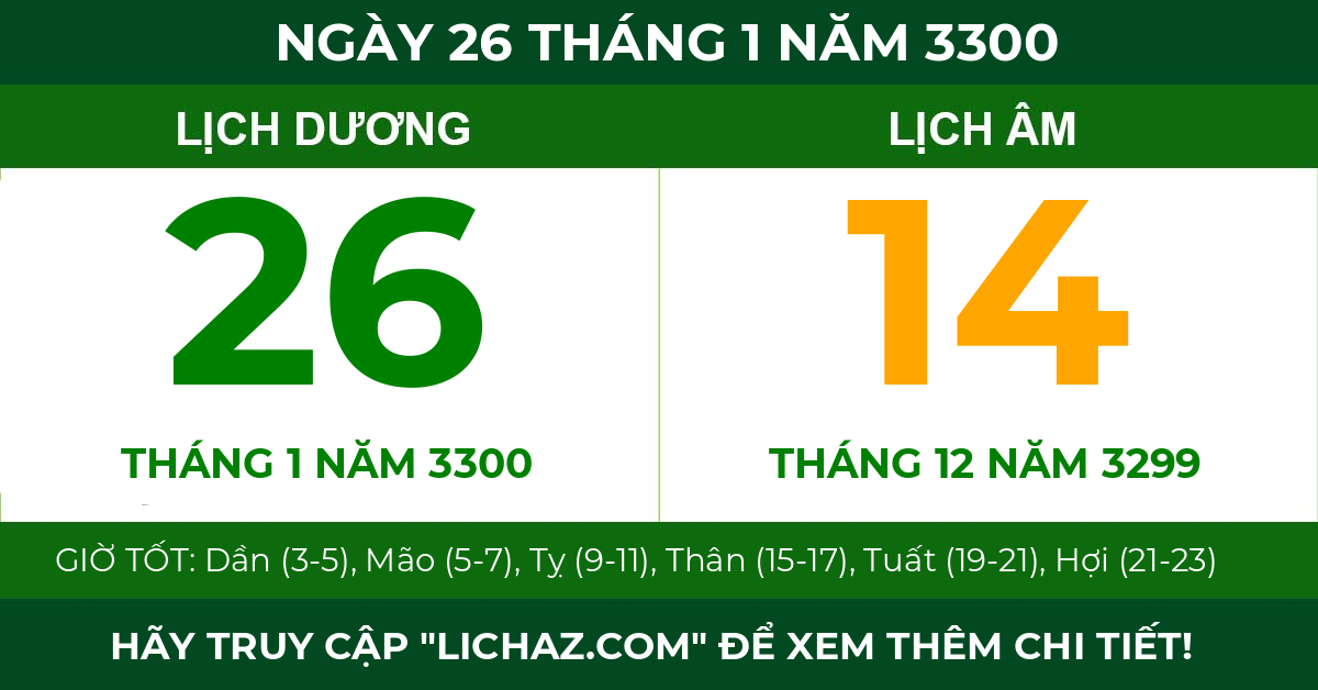 lịch âm ngày 26 tháng 1 năm 3300
