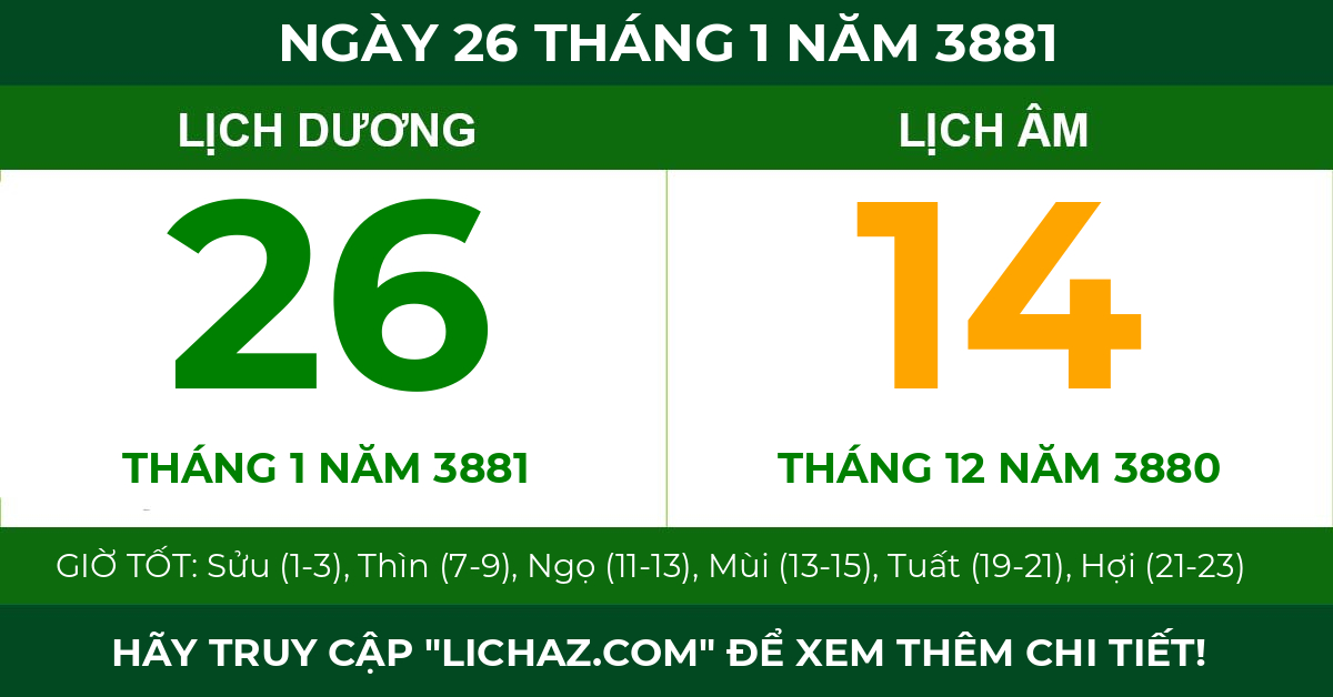 lịch âm ngày 26 tháng 1 năm 3881