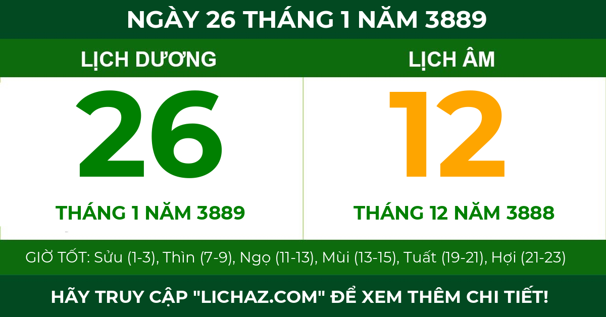 lịch âm ngày 26 tháng 1 năm 3889