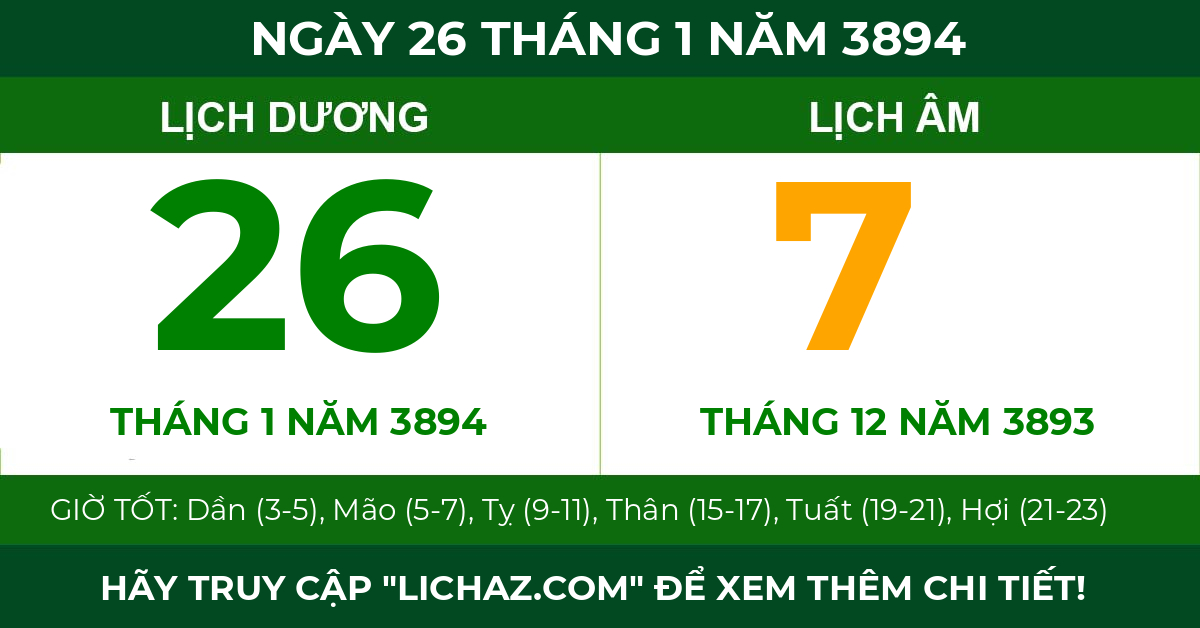 lịch âm ngày 26 tháng 1 năm 3894
