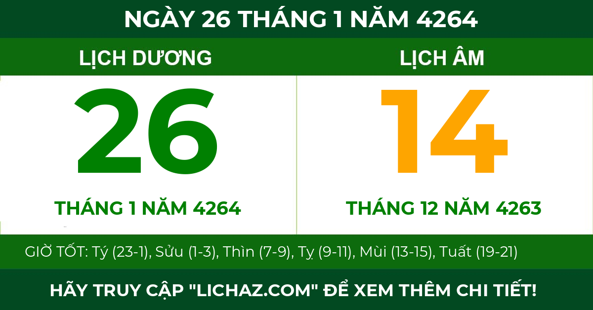 lịch âm ngày 26 tháng 1 năm 4264
