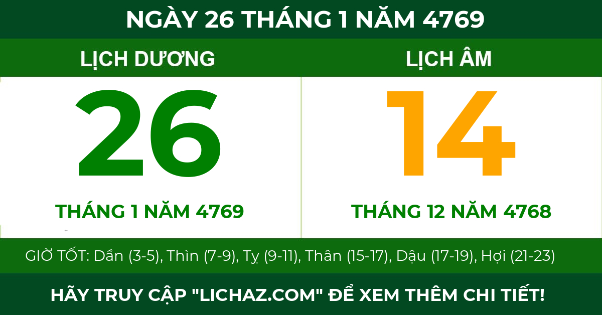 lịch âm ngày 26 tháng 1 năm 4769
