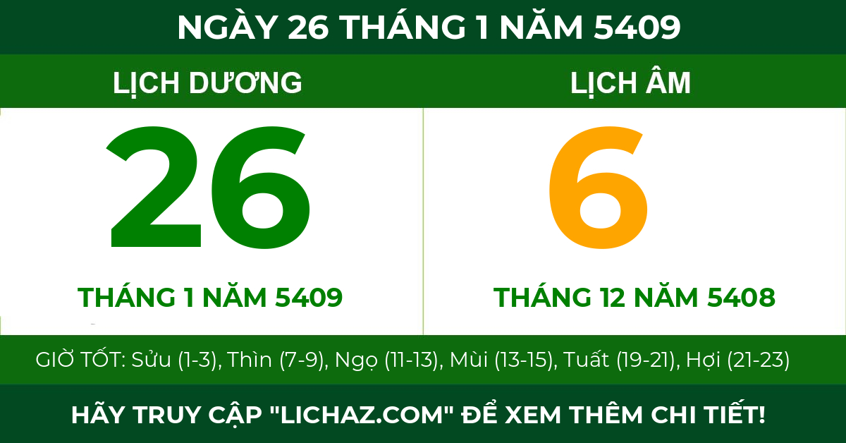 lịch âm ngày 26 tháng 1 năm 5409