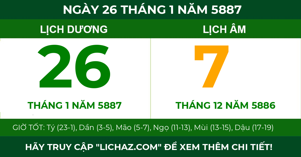 lịch âm ngày 26 tháng 1 năm 5887