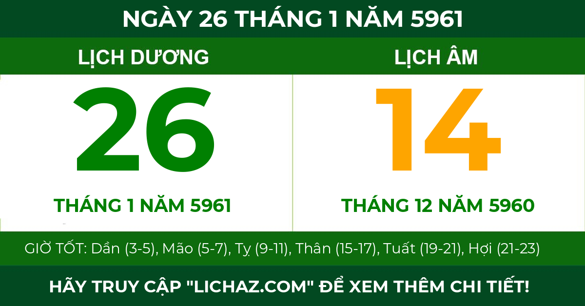 lịch âm ngày 26 tháng 1 năm 5961