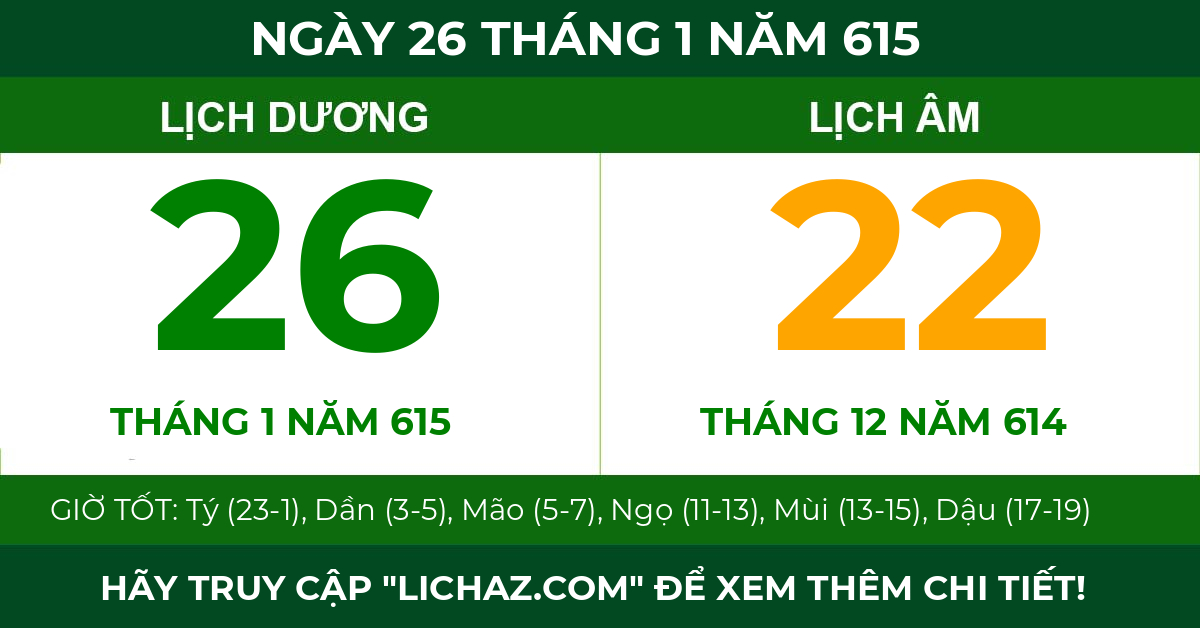 lịch âm ngày 26 tháng 1 năm 615