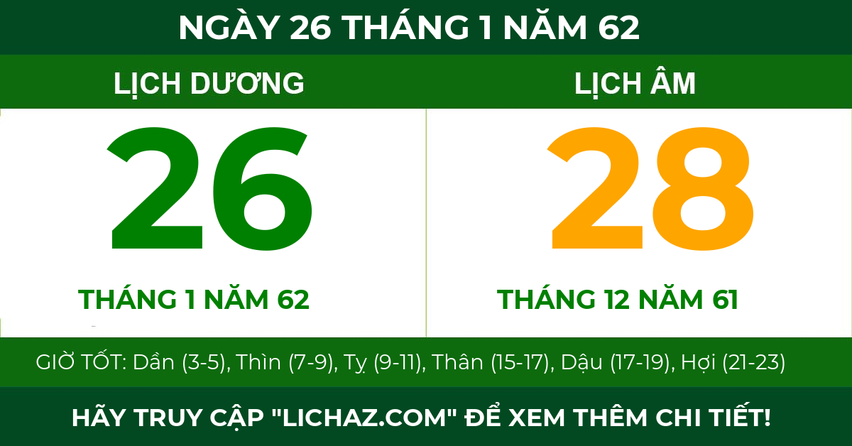 lịch âm ngày 26 tháng 1 năm 62