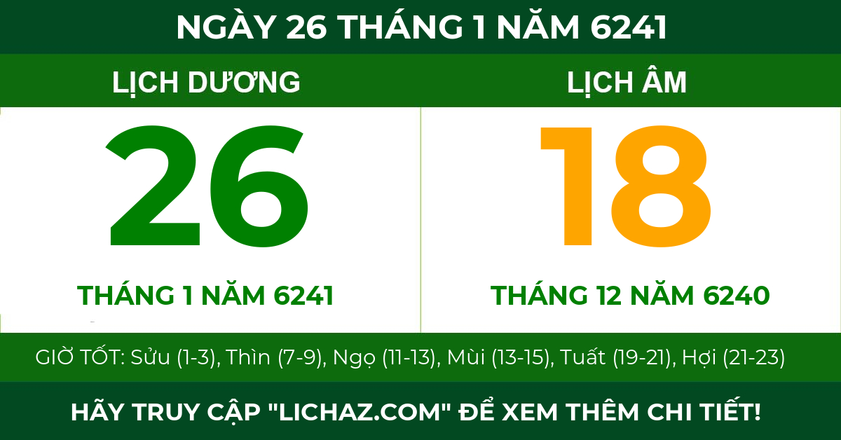 lịch âm ngày 26 tháng 1 năm 6241
