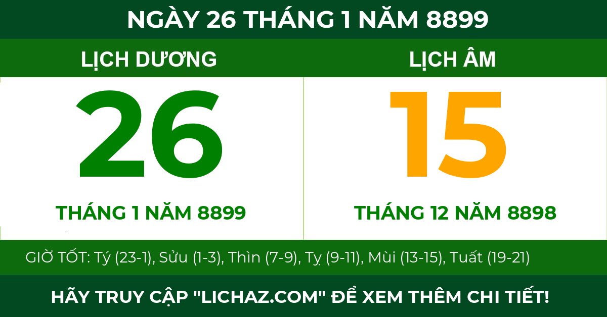 lịch âm ngày 26 tháng 1 năm 8899