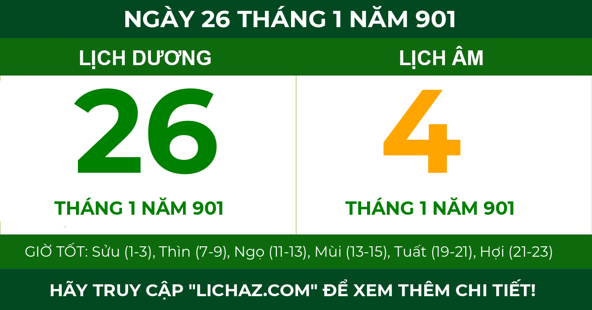 lịch âm ngày 26 tháng 1 năm 901