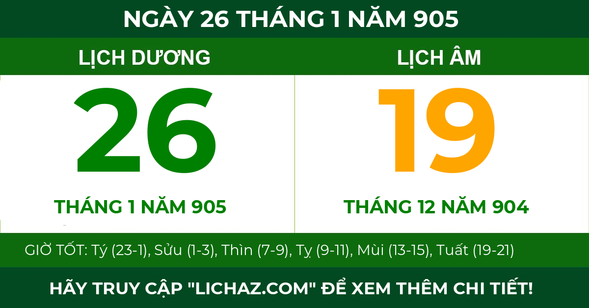 lịch âm ngày 26 tháng 1 năm 905