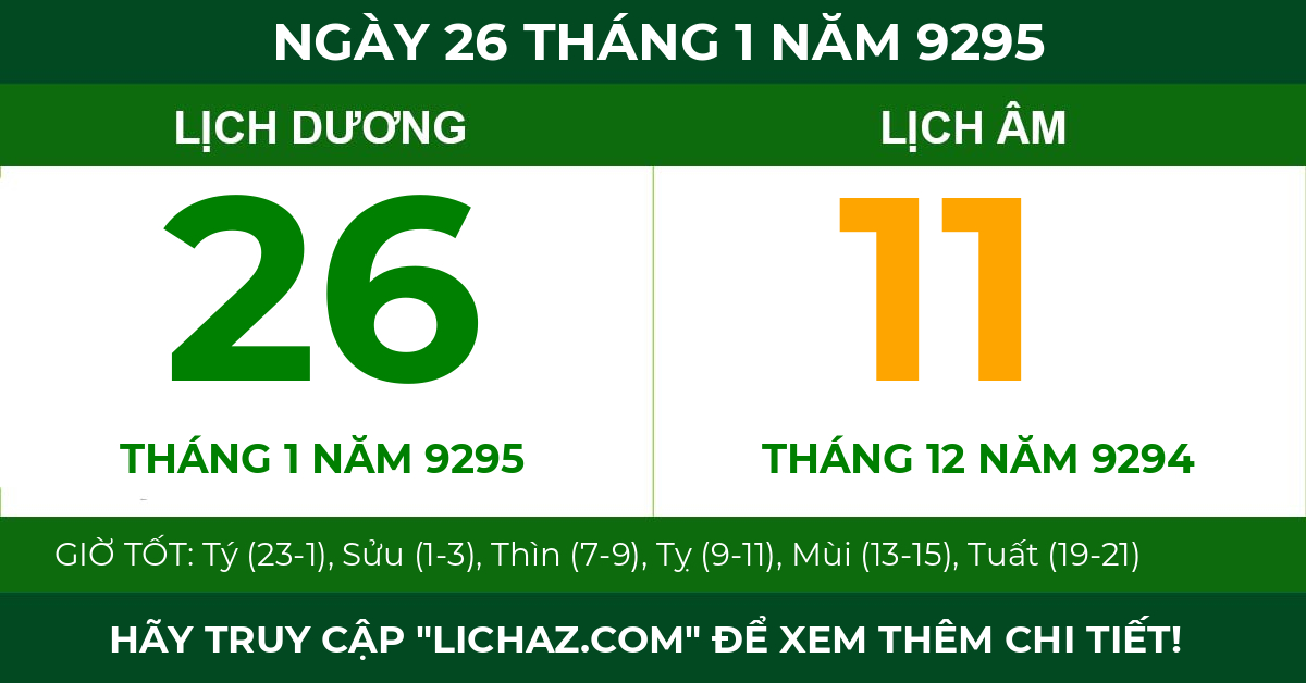 lịch âm ngày 26 tháng 1 năm 9295