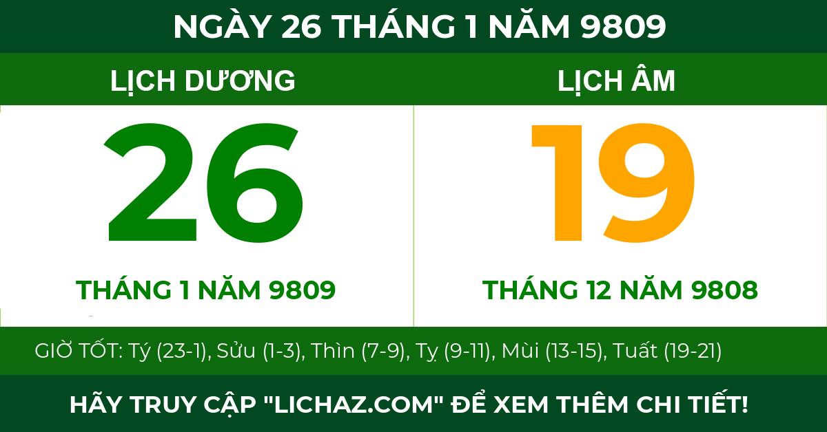 lịch âm ngày 26 tháng 1 năm 9809