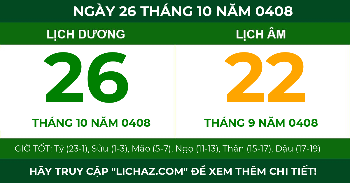 lịch âm ngày 26 tháng 10 năm 0408