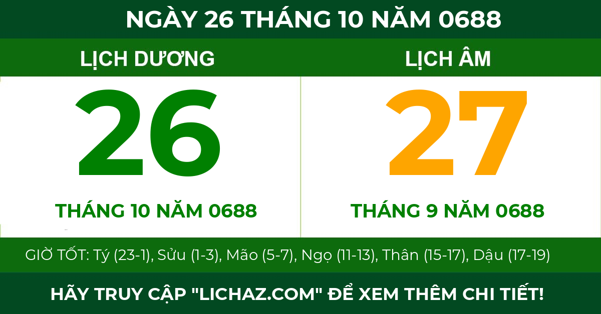 lịch âm ngày 26 tháng 10 năm 0688